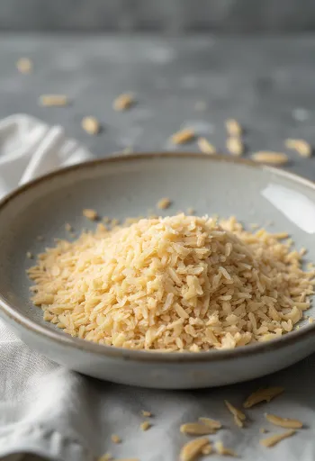 Salvado de arroz en tazón de cerámica y esparcido sobre superficie de madera