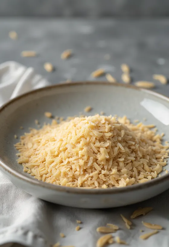 Salvado de arroz en tazón de cerámica y esparcido sobre superficie de madera