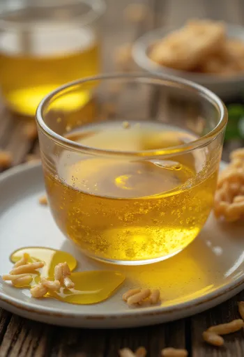 Aceite de salvado de arroz en botella con granos y salvado en fondo natural