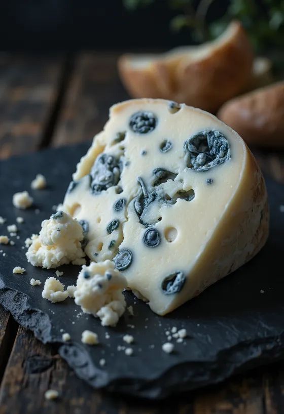 Queso Roquefort fresco en tazón de cerámica blanca sobre mesa de madera