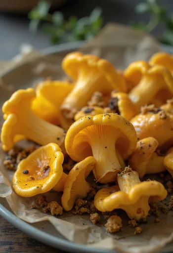 Rebozuelo amarillo recién rebanado con especias, ajo y aceite de oliva en tabla