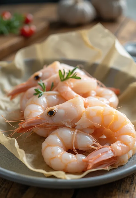 Carne fresca de scampi (langostino noruego) en hielo con limón y perejil