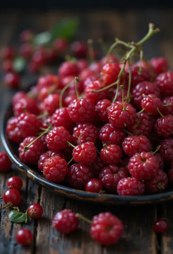 Bayas de Schisandra frescas rojas, algunas cortadas, en estado natural