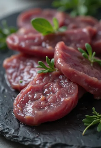 Filetes de hígado de cerdo crudo sobre tabla de madera, color rojo oscuro