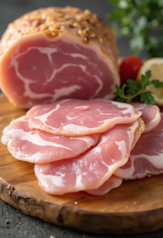 Rebanadas de jamón serrano sobre tabla de madera con veteado de grasa