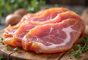 Rebanadas de jamón serrano sobre tabla de madera con veteado de grasa