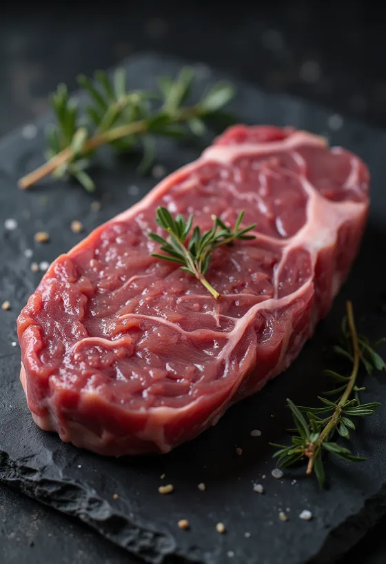 Trozos frescos de carne de avestruz en tabla de madera con especias y limón