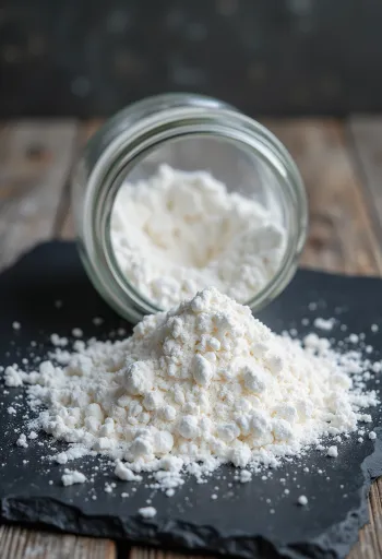 Polvo blanco para hornear en tazón y cuchara medidora de madera