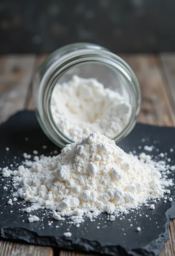 Polvo blanco para hornear en tazón y cuchara medidora de madera