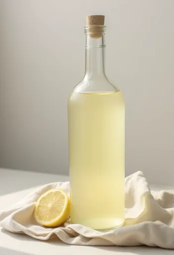 Copa de vino blanco seco rodeada de uvas verdes y amarillas, mosto y barrica