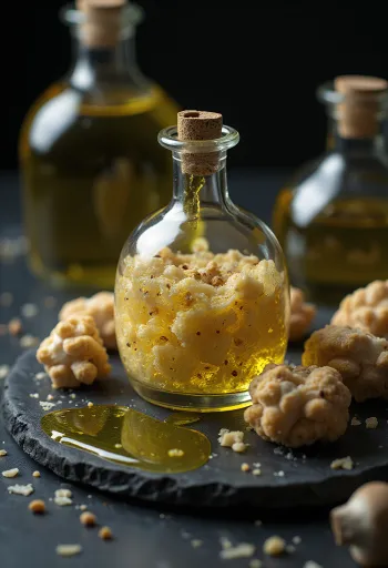 Aceite de trufa en botella pequeña con rebanadas de trufa y servido