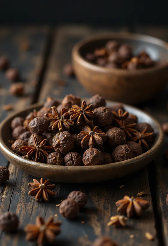 Pimienta gorda entera (Allspice) en tazón de madera y superficie rústica