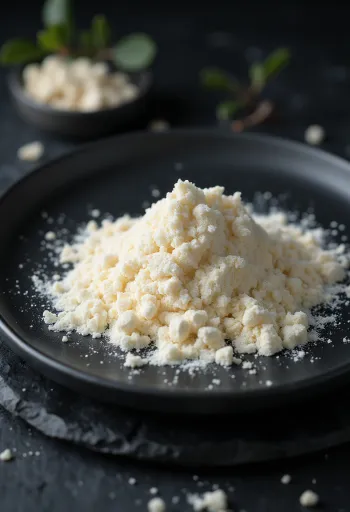 Harina de semilla de algarrobo en tazón de cerámica y cuchara, junto a vainas
