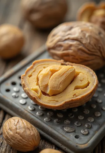 Nuez moscada entera y molida con rallador pequeño sobre madera