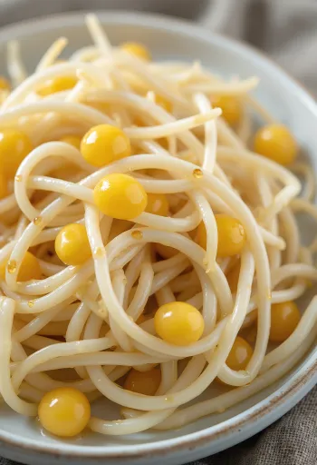 Germinado de soya fresco en plato blanco, brotes crujientes