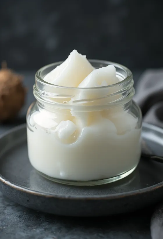 Aceite de coco virgen en frasco, con trozos de coco fresco
