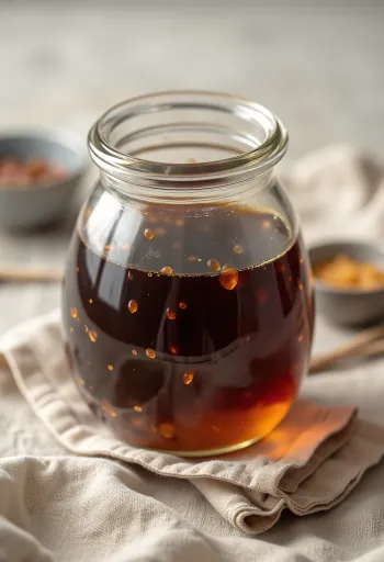 Salsa tamari en tazón, rodeada de soya fermentada y sal de mar