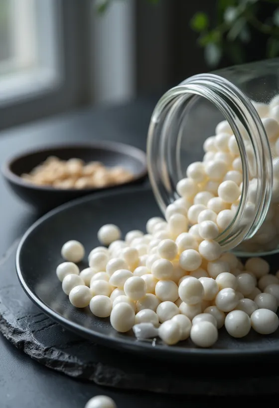 Perlas de tapioca en tazón de cerámica, esparcidas sobre madera