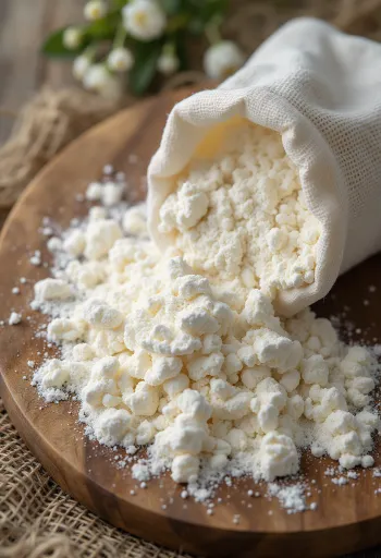 Harina de tapioca fina en tazón y cuchara, superficie clara