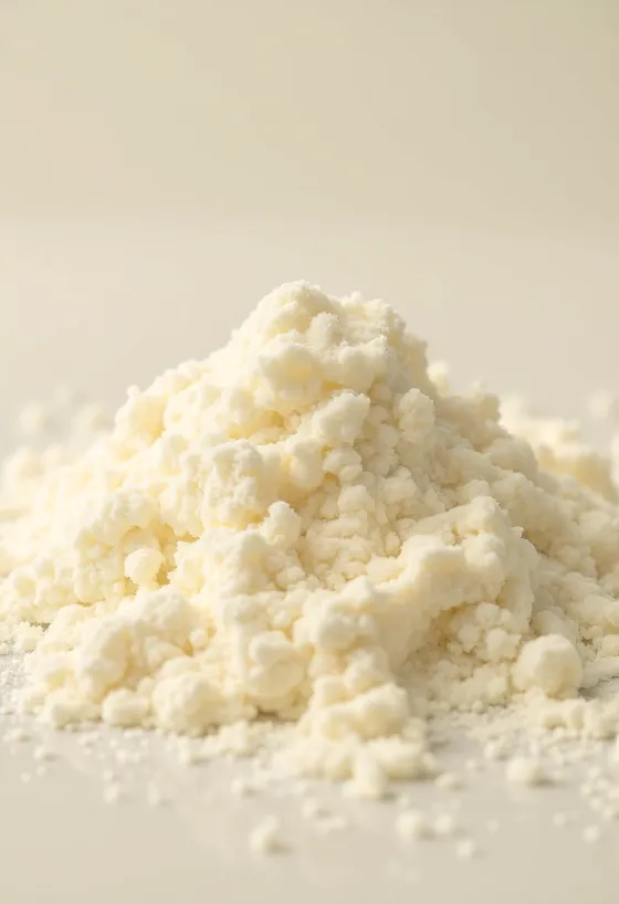 Leche en polvo en tazón de madera con cuchara y polvo esparcido