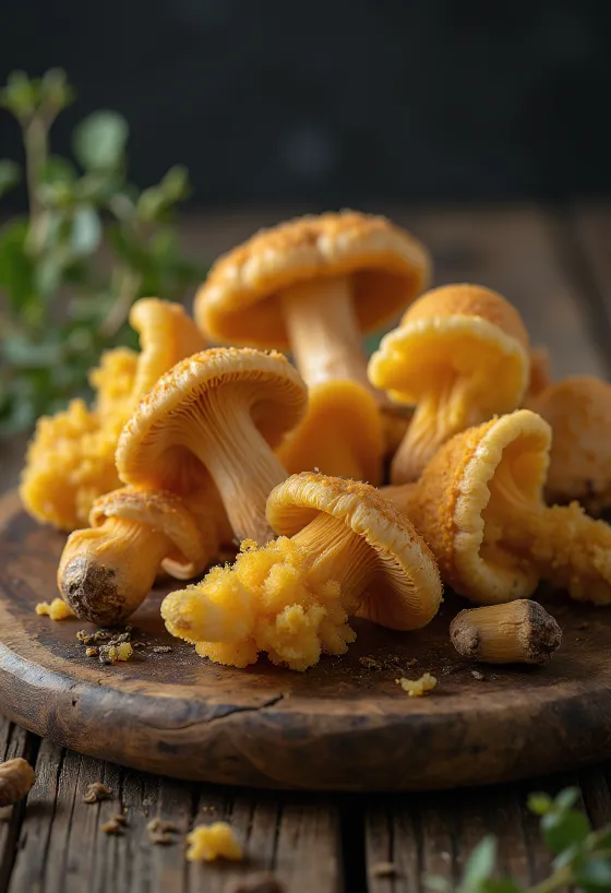 Hongos de invierno limpios y rebanados sobre tabla de madera