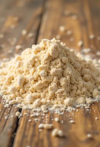 Harina integral en tazón rústico y esparcida sobre madera