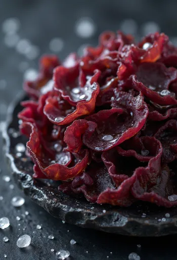 Hojas de alga dulse seca con tono rojizo