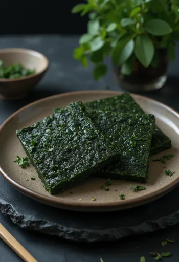 Láminas de alga nori tostada color verde oscuro