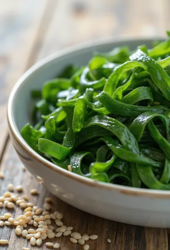 Trozos de alga wakame seca color verde oscuro