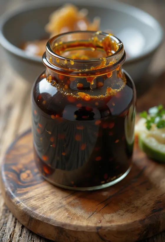 Salsa teriyaki oscura y brillante en tazón, junto a soya, mirin, sake y azúcar
