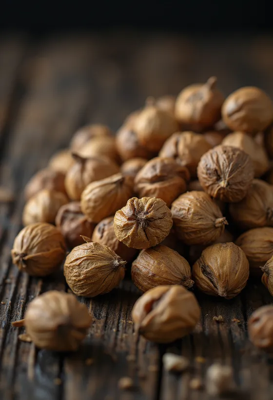 Chufa pelada (tigernut) en montículo sobre fondo blanco, estado natural