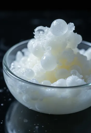 Claras de huevo crudas en tazón de vidrio sobre superficie de madera