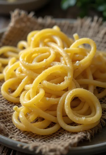 Pasta al huevo seca en tazón de cerámica rústico sobre superficie de madera