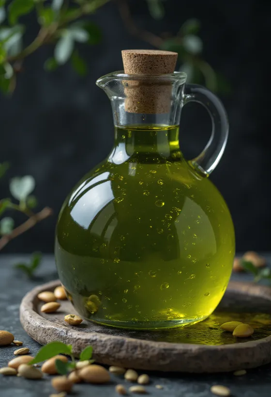 Aceite de pepita de calabaza verde oscuro en tazón, junto a semillas con cáscara