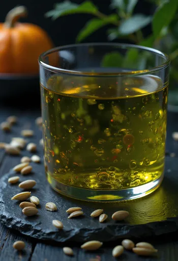 Aceite de pepita de calabaza en tazón pequeño, con semillas verdes peladas