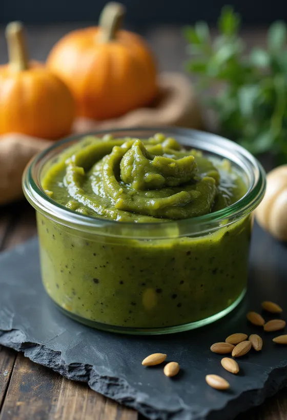 Cremosa mantequilla de pepita en frasco, junto a semillas de calabaza peladas sobre superficie rústica