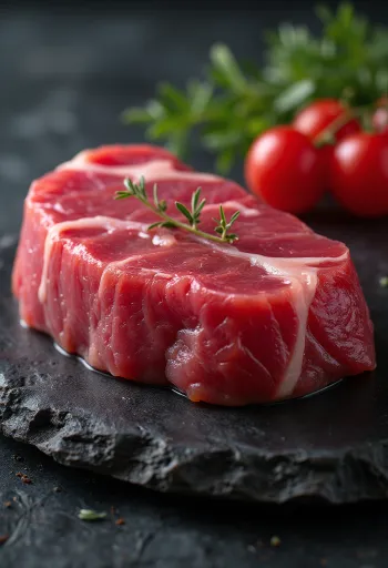 Medallones de atún fresco con especias y limón sobre tabla de madera