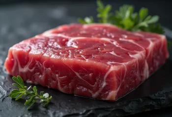 Medallones de atún fresco con especias y limón sobre tabla de madera