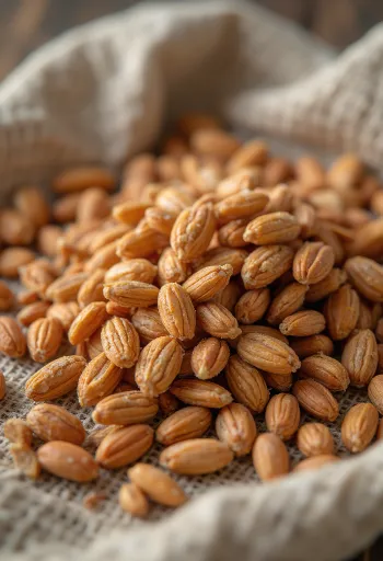 Granos de espelta en tazón de cerámica rústico sobre madera