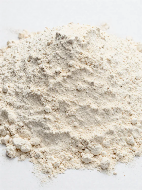 Harina de espelta en tazón de cerámica, tono marrón claro natural