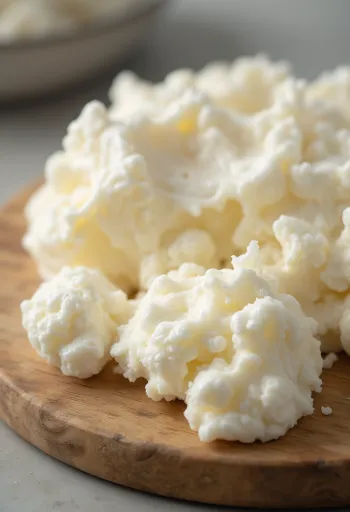 Requesón fresco en tazón de cerámica, lácteo de textura grumosa con cuchara de madera