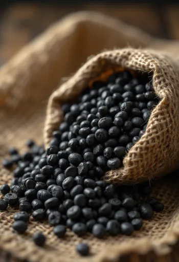 Granos de Urad Dal (lenteja negra) secos, textura detallada y color oscuro