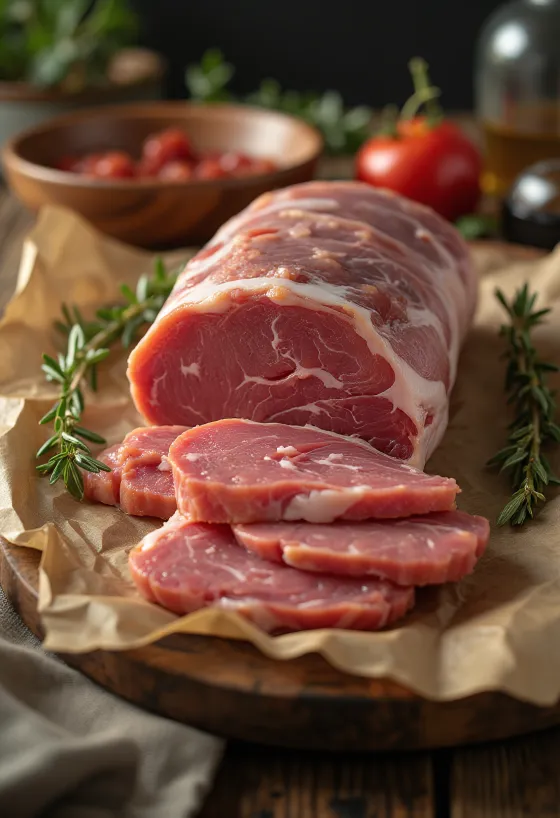 Medallones de lomo de jabalí crudo con especias sobre madera