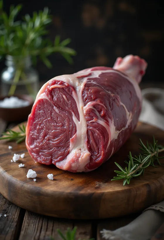 Pierna de jabalí cruda con especias sobre tabla de madera