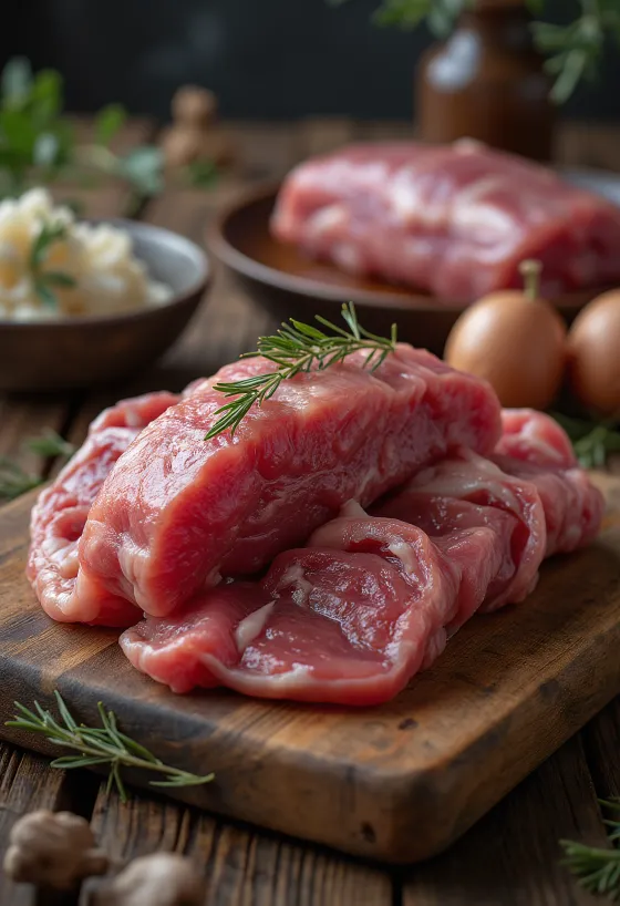 Trozos de carne de caza fresca con enebro, romero y ajo
