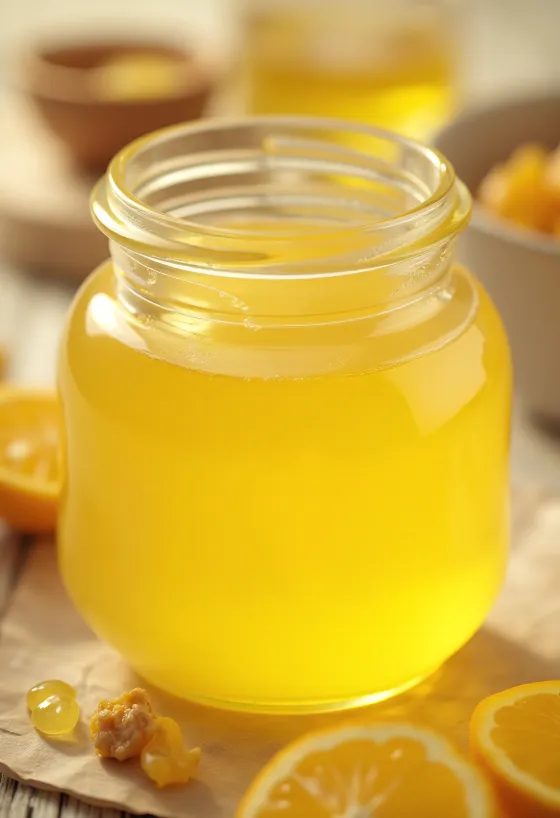 Ghee en frasco y cuchara sobre tabla de madera, luz natural