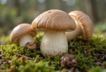 Hongos porcini frescos en cocina estilo bosque sobre mesa de madera