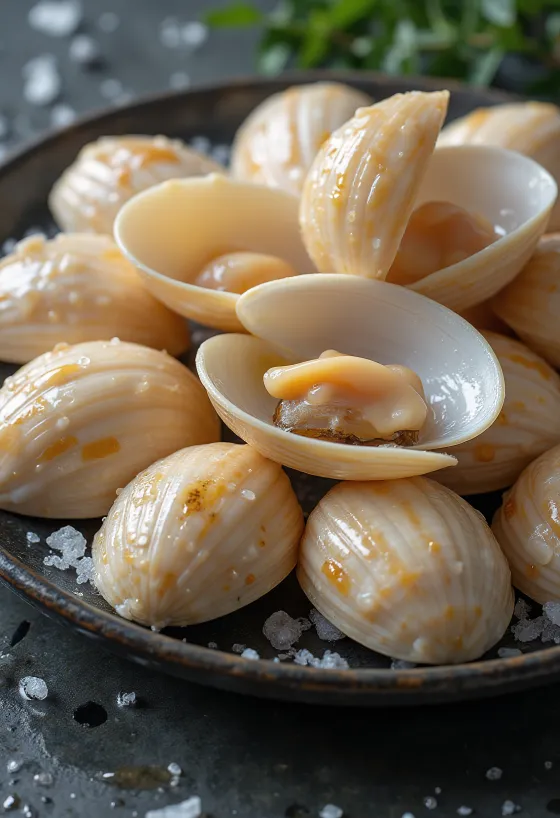 Carne de almeja Venus cruda en hielo con limón y perejil