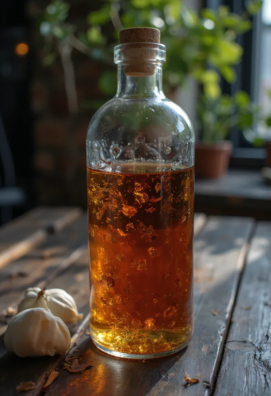 Botella de vermut rojo y una copa en mesa rústica, con especias y aceitunas
