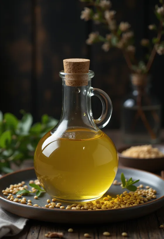 Aceite de ajonjolí claro en tazón pequeño, rodeado de semillas de ajonjolí claras